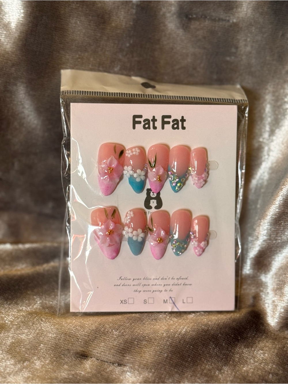 💅#589- Handmade Nails Baby Pink/Baby Blue French Tip Floral Medium Almond 2.5